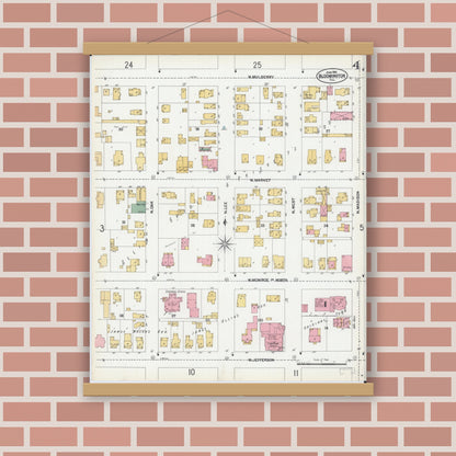 Old map wall art mockup — magnetic wood frame on brick wall — Sanborn Fire Insurance Map from Bloomington, McLean County, Illinois (1901), Sheet #0004