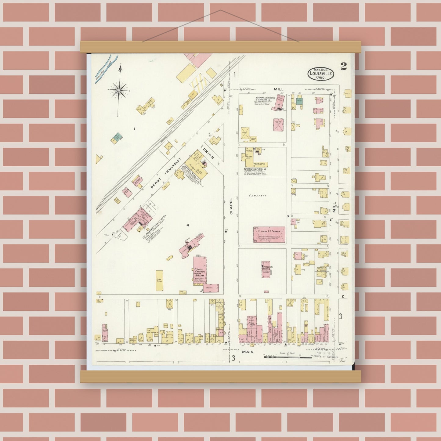 Old map wall art mockup — magnetic wood frame on brick wall — Sanborn Fire Insurance Map from Louisville, Stark County, Ohio (1908), Sheet #0002