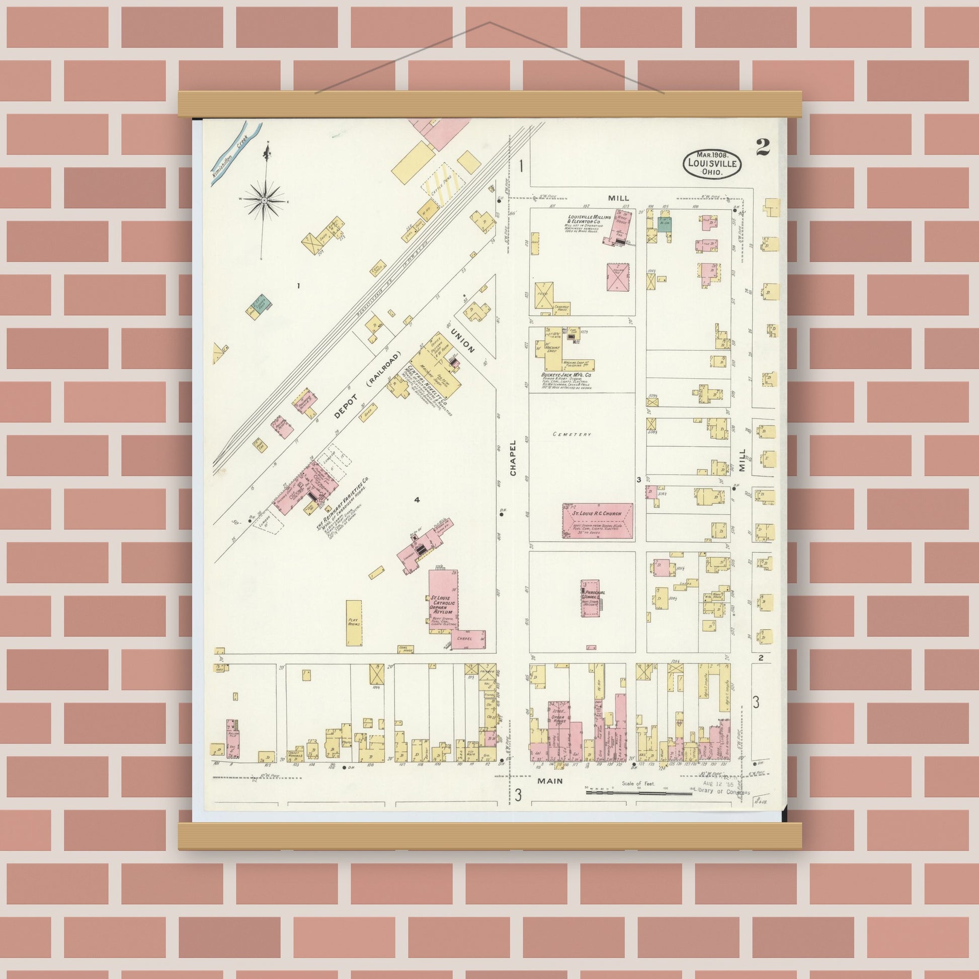 Old map wall art mockup — magnetic wood frame on brick wall — Sanborn Fire Insurance Map from Louisville, Stark County, Ohio (1908), Sheet #0002