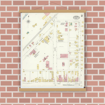 Old map wall art mockup — magnetic wood frame on brick wall — Sanborn Fire Insurance Map from Louisville, Stark County, Ohio (1908), Sheet #0002