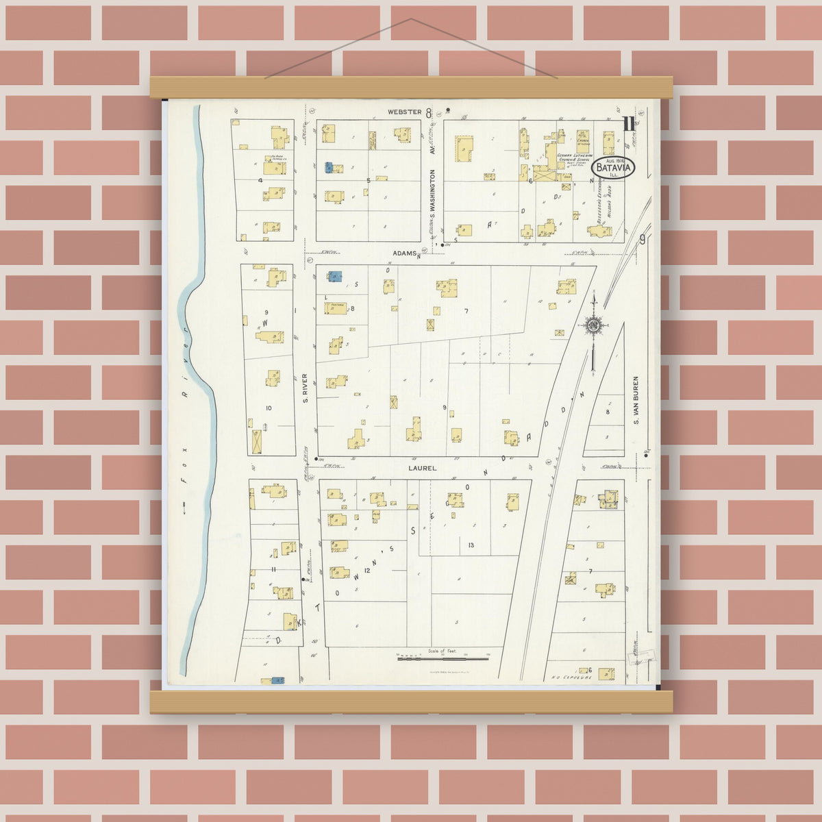 Old map wall art mockup — magnetic wood frame on brick wall — Sanborn Fire Insurance Map from Batavia, Kane County, Illinois (1916), Sheet #0011