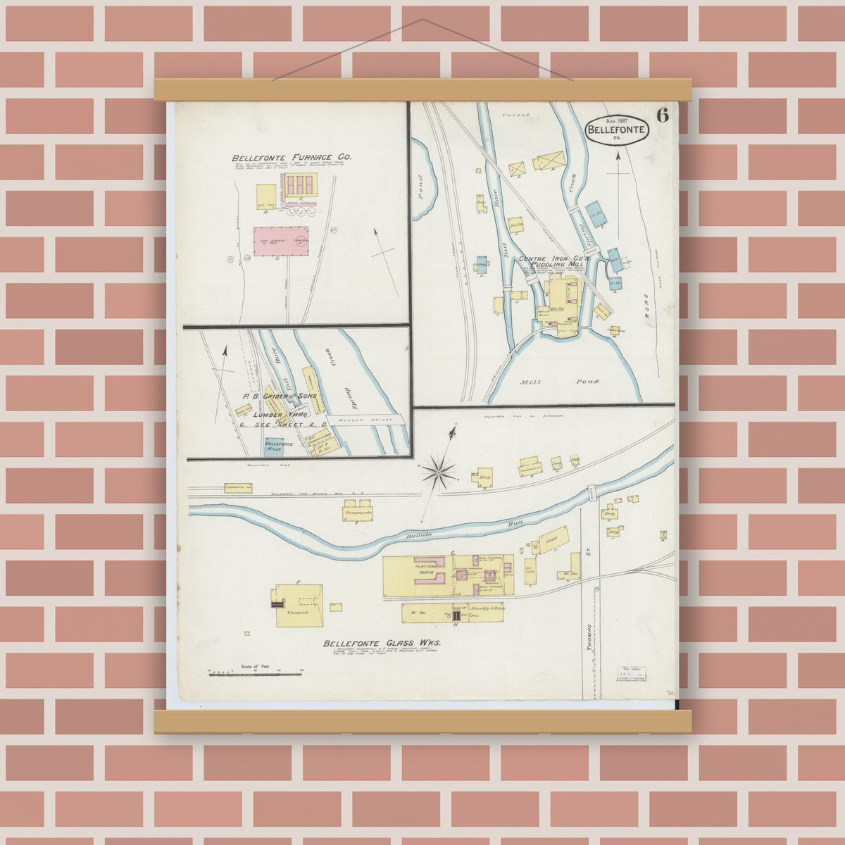 Old map wall art mockup — magnetic wood frame on brick wall — Sanborn Fire Insurance Map from Bellefonte, Centre County, Pennsylvania (1887), Sheet #0006