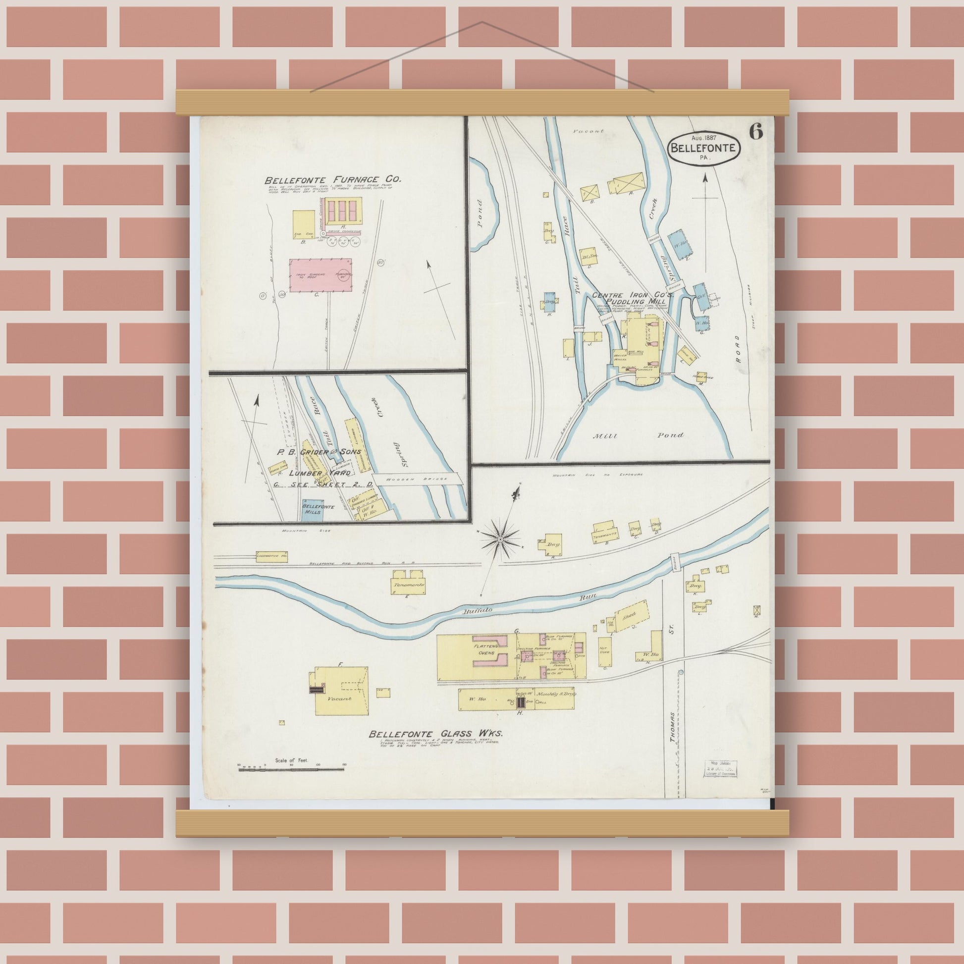 Old map wall art mockup — magnetic wood frame on brick wall — Sanborn Fire Insurance Map from Bellefonte, Centre County, Pennsylvania (1887), Sheet #0006