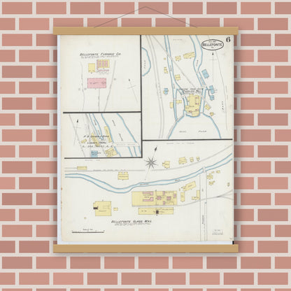 Old map wall art mockup — magnetic wood frame on brick wall — Sanborn Fire Insurance Map from Bellefonte, Centre County, Pennsylvania (1887), Sheet #0006