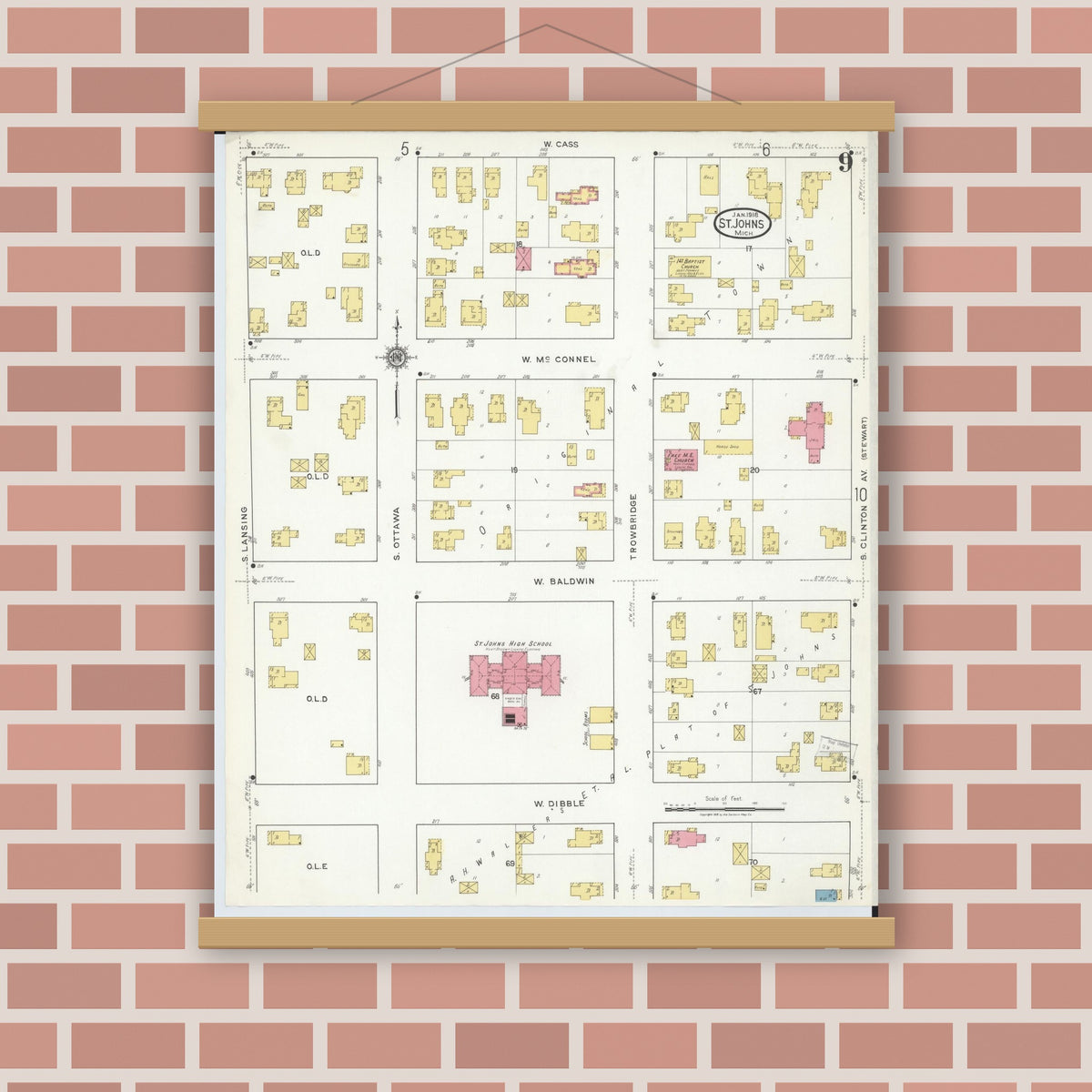 Old map wall art mockup — magnetic wood frame on brick wall — Sanborn Fire Insurance Map from Saint Johns, Clinton County, Michigan (1918), Sheet #0009