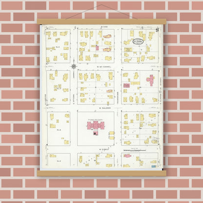 Old map wall art mockup — magnetic wood frame on brick wall — Sanborn Fire Insurance Map from Saint Johns, Clinton County, Michigan (1918), Sheet #0009