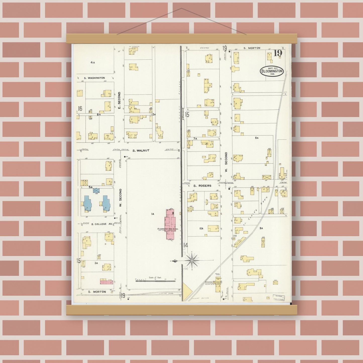 Old map wall art mockup — magnetic wood frame on brick wall — Sanborn Fire Insurance Map from Bloomington, Monroe County, Indiana (1907), Sheet #0019