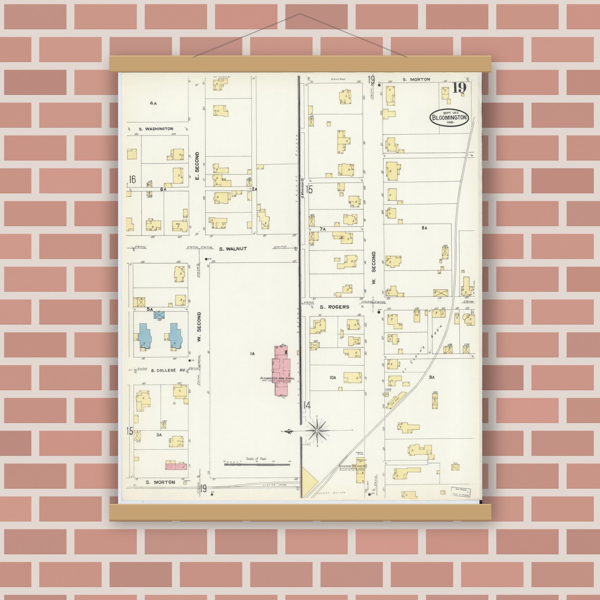 Old map wall art mockup — magnetic wood frame on brick wall — Sanborn Fire Insurance Map from Bloomington, Monroe County, Indiana (1907), Sheet #0019