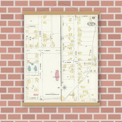 Old map wall art mockup — magnetic wood frame on brick wall — Sanborn Fire Insurance Map from Bloomington, Monroe County, Indiana (1907), Sheet #0019