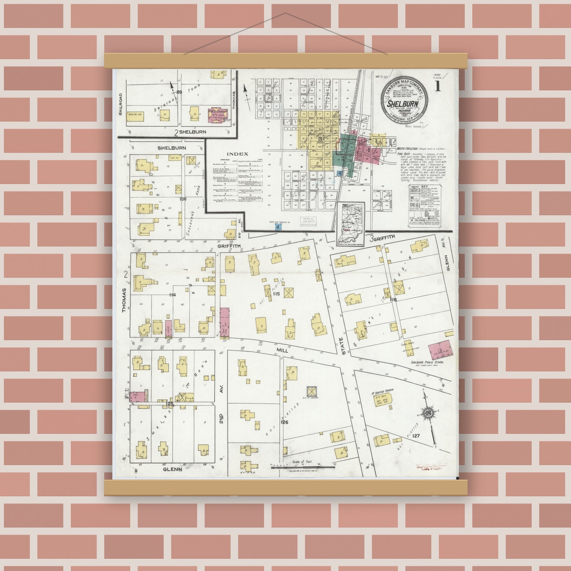 Old map wall art mockup — magnetic wood frame on brick wall — Sanborn Fire Insurance Map from Shelburn, Sullivan County, Indiana (1921) - Complete Map Set