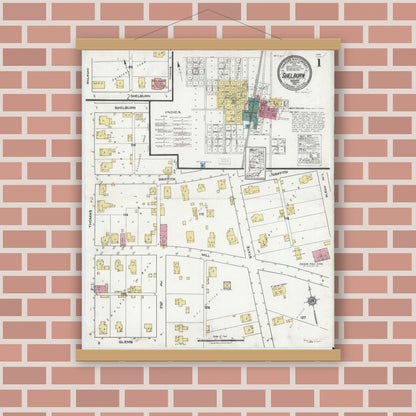 Old map wall art mockup — magnetic wood frame on brick wall — Sanborn Fire Insurance Map from Shelburn, Sullivan County, Indiana (1921) - Complete Map Set
