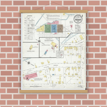 Old map wall art mockup — magnetic wood frame on brick wall — Sanborn Fire Insurance Map from Dresden, Muskingum County, Ohio (1918) - Complete Map Set