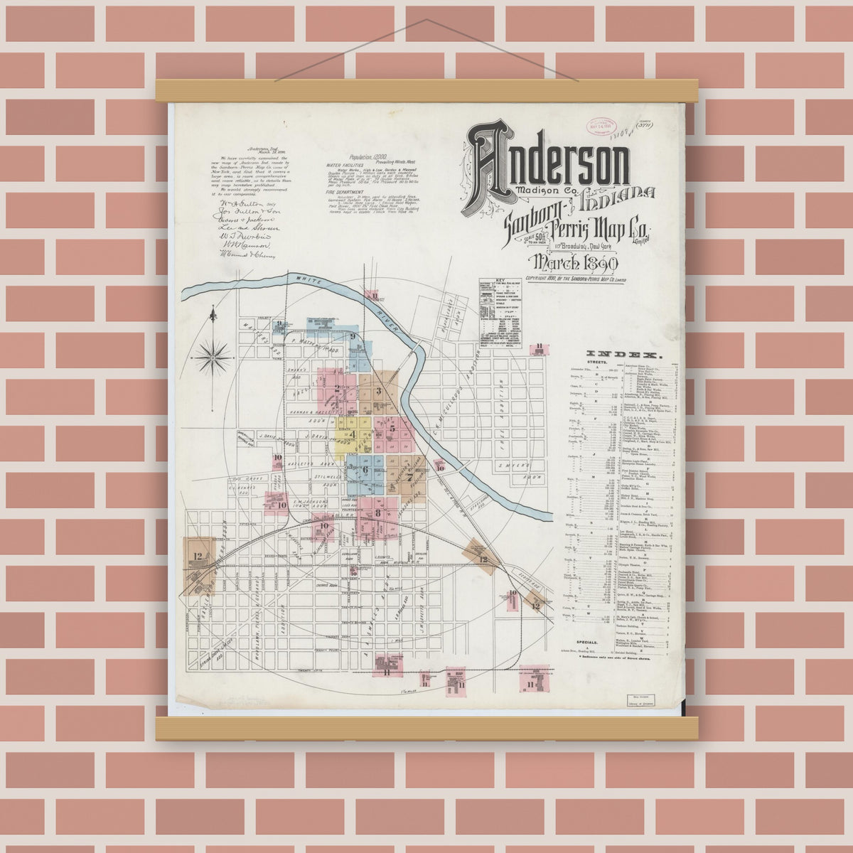 Old map wall art mockup — magnetic wood frame on brick wall — Sanborn Fire Insurance Map from Anderson, Madison County, Indiana (1890) - Complete Map Set