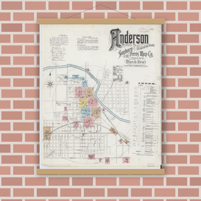 Old map wall art mockup — magnetic wood frame on brick wall — Sanborn Fire Insurance Map from Anderson, Madison County, Indiana (1890) - Complete Map Set