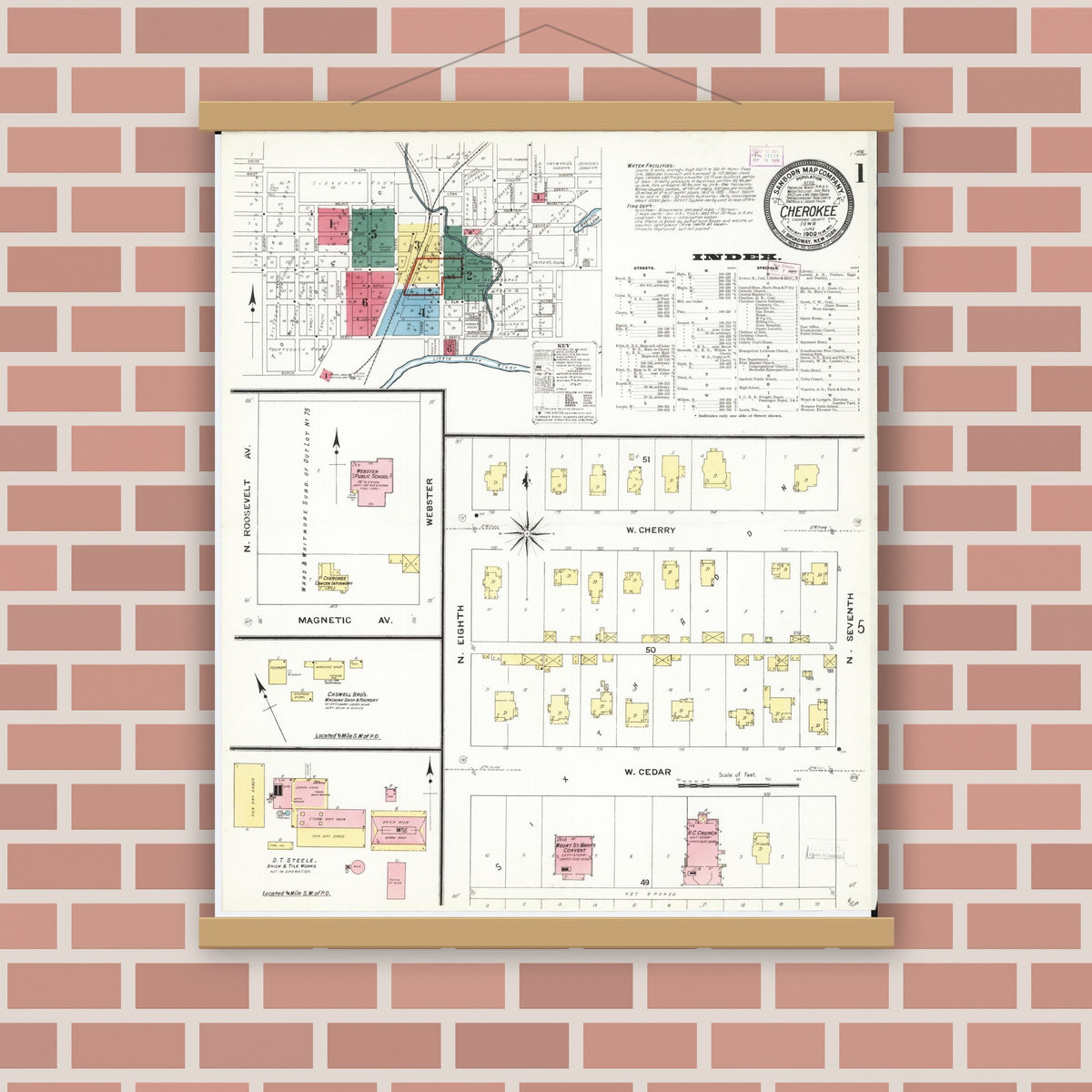 Old map wall art mockup — magnetic wood frame on brick wall — Sanborn Fire Insurance Map from Cherokee, Cherokee County, Iowa (1909) â€” Complete Set