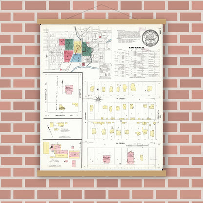 Old map wall art mockup — magnetic wood frame on brick wall — Sanborn Fire Insurance Map from Cherokee, Cherokee County, Iowa (1909) â€” Complete Set