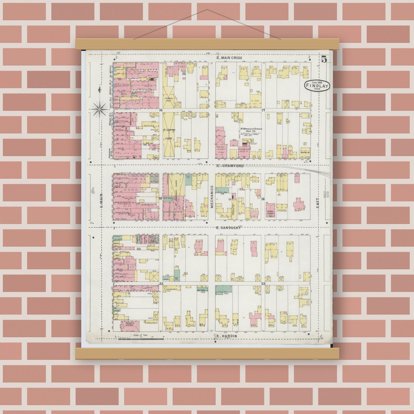 Old map wall art mockup — magnetic wood frame on brick wall — Sanborn Fire Insurance Map from Findlay, Hancock County, Ohio (1895), Sheet #0005