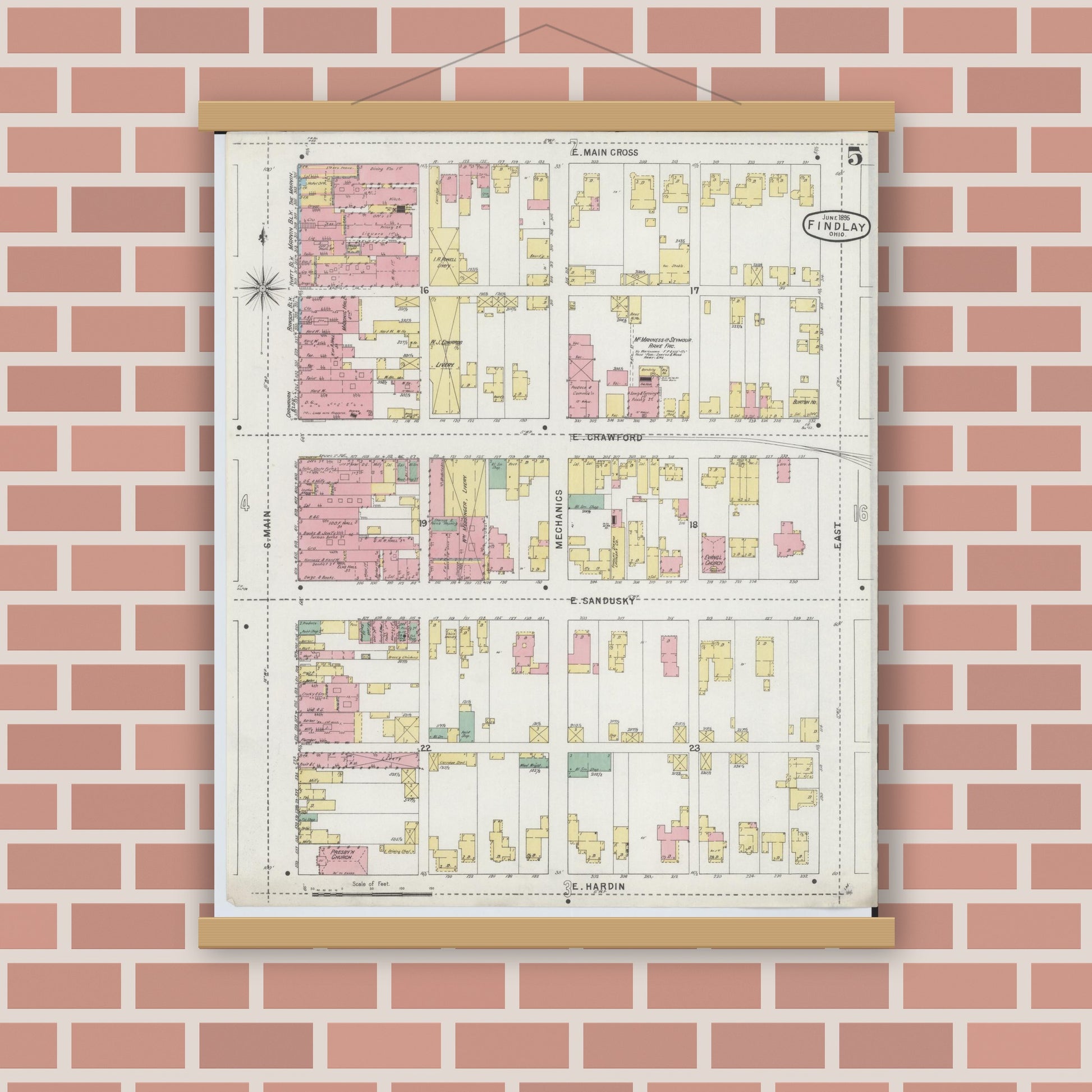 Old map wall art mockup — magnetic wood frame on brick wall — Sanborn Fire Insurance Map from Findlay, Hancock County, Ohio (1895), Sheet #0005