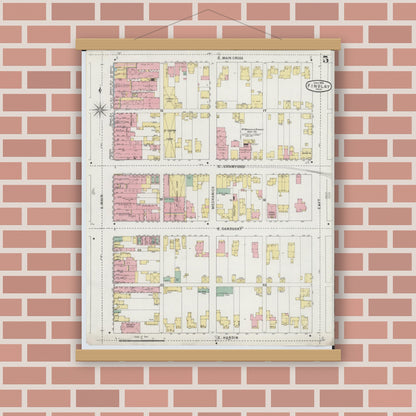 Old map wall art mockup — magnetic wood frame on brick wall — Sanborn Fire Insurance Map from Findlay, Hancock County, Ohio (1895), Sheet #0005