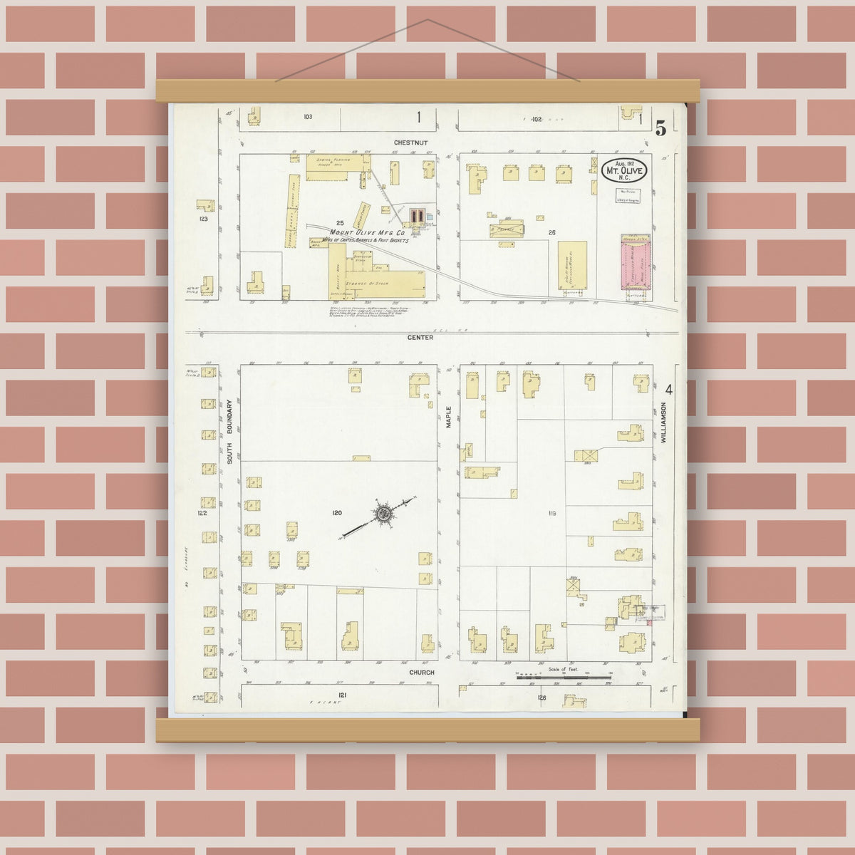 Old map wall art mockup — magnetic wood frame on brick wall — Sanborn Fire Insurance Map from Mount Olive, Wayne County, North Carolina (1912), Sheet #0005