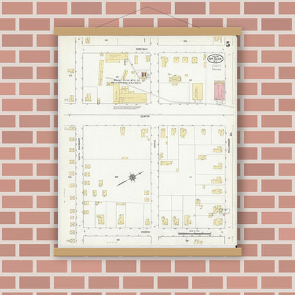 Old map wall art mockup — magnetic wood frame on brick wall — Sanborn Fire Insurance Map from Mount Olive, Wayne County, North Carolina (1912), Sheet #0005
