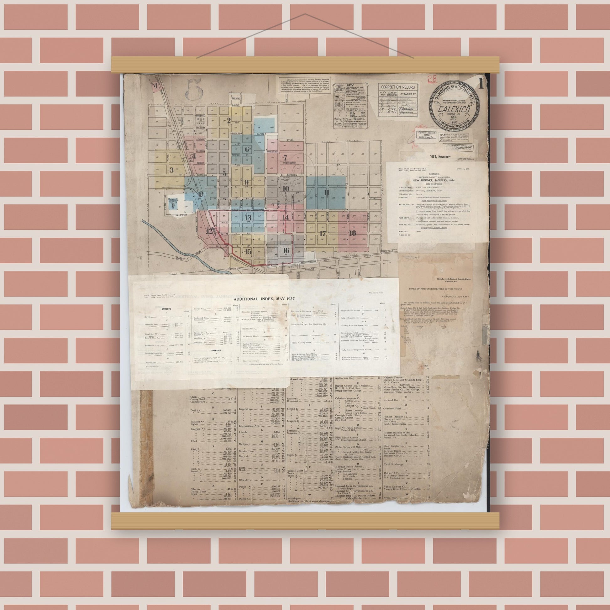 Old map wall art mockup — magnetic wood frame on brick wall — Sanborn Fire Insurance Map from Calexico, Imperial County, California (1956), Sheet #0001