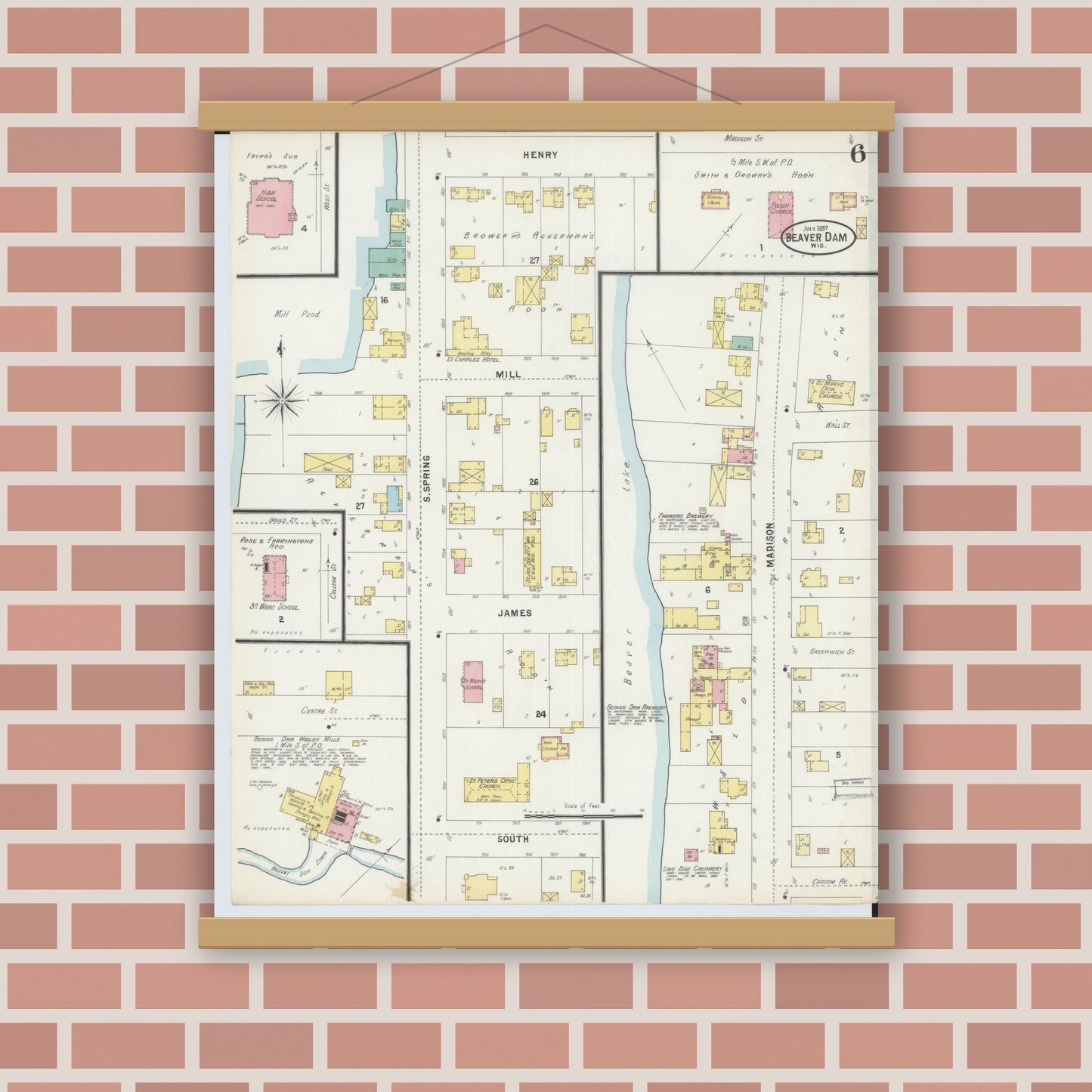 Old map wall art mockup — magnetic wood frame on brick wall — Sanborn Fire Insurance Map from Beaver Dam, Dodge County, Wisconsin (1897), Sheet #0006
