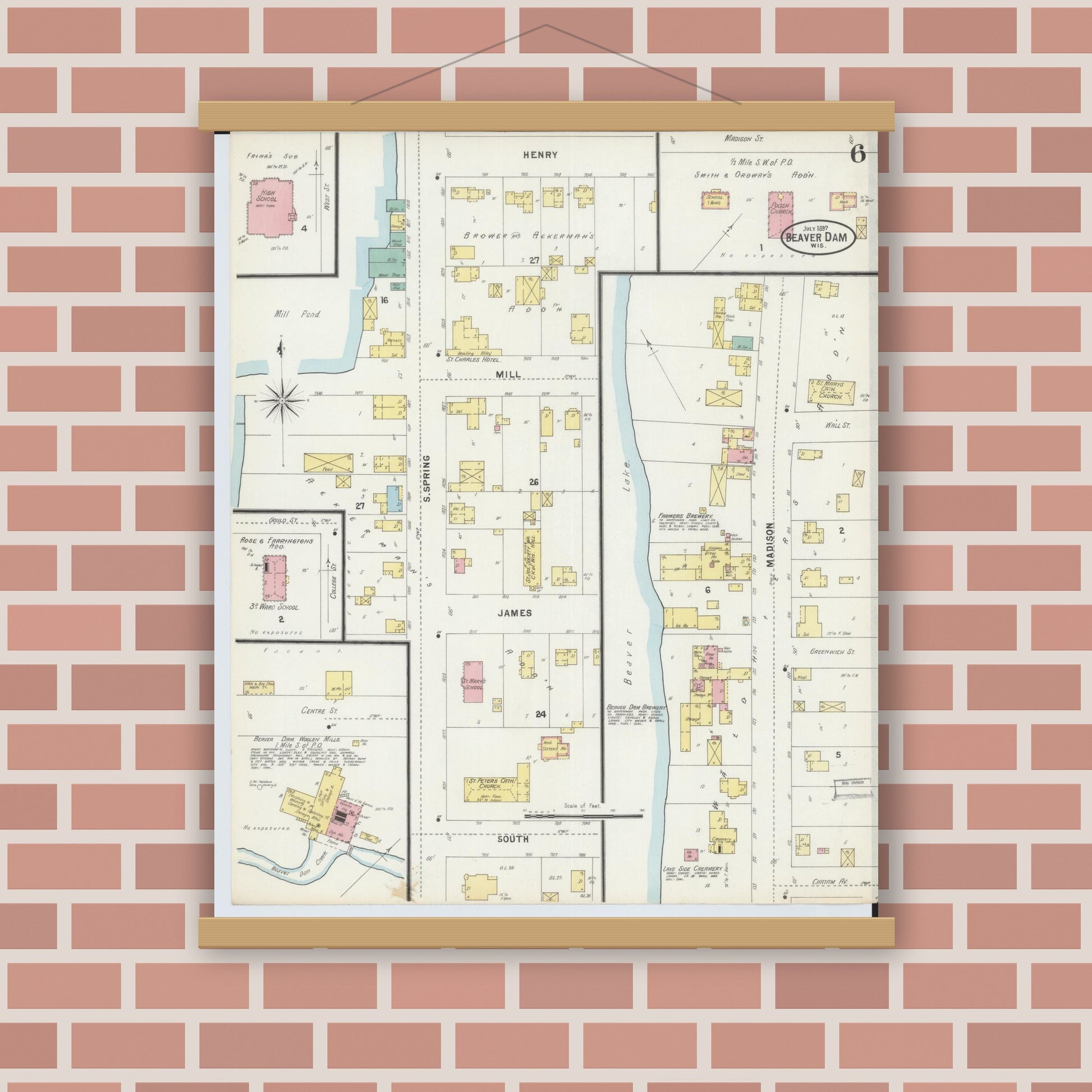 Old map wall art mockup — magnetic wood frame on brick wall — Sanborn Fire Insurance Map from Beaver Dam, Dodge County, Wisconsin (1897), Sheet #0006