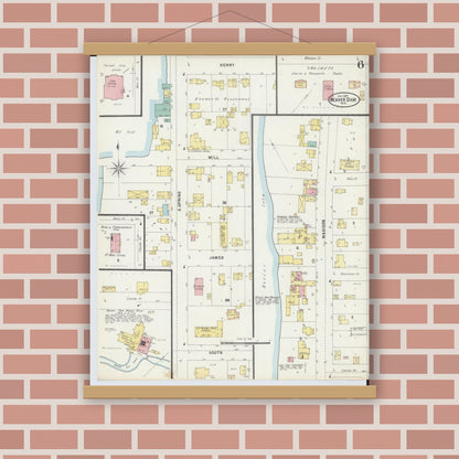 Old map wall art mockup — magnetic wood frame on brick wall — Sanborn Fire Insurance Map from Beaver Dam, Dodge County, Wisconsin (1897), Sheet #0006