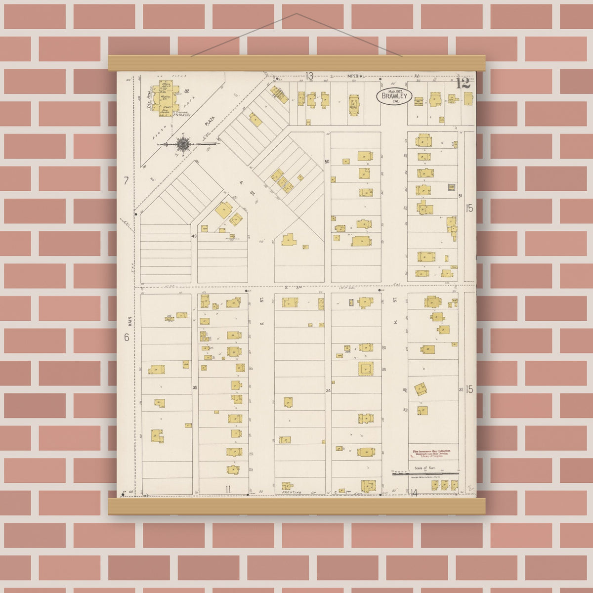 Old map wall art mockup — magnetic wood frame on brick wall — Sanborn Fire Insurance Map from Brawley, Imperial County, California (1922), Sheet #0012
