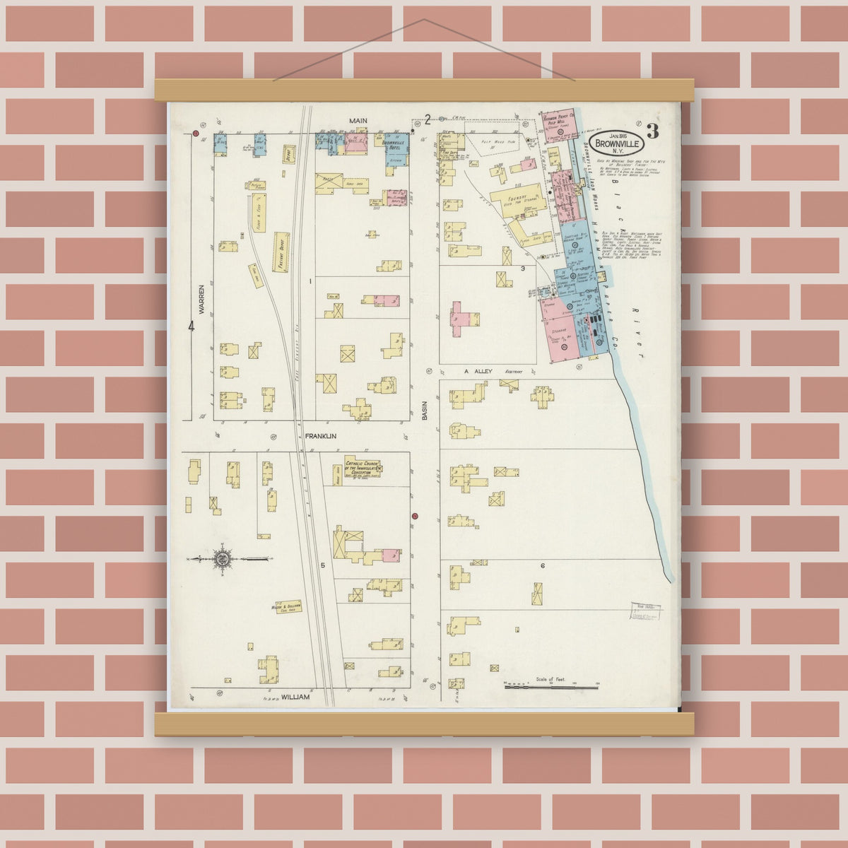 Old map wall art mockup — magnetic wood frame on brick wall — Sanborn Fire Insurance Map from Brownville, Jefferson County, New York (1915), Sheet #0003