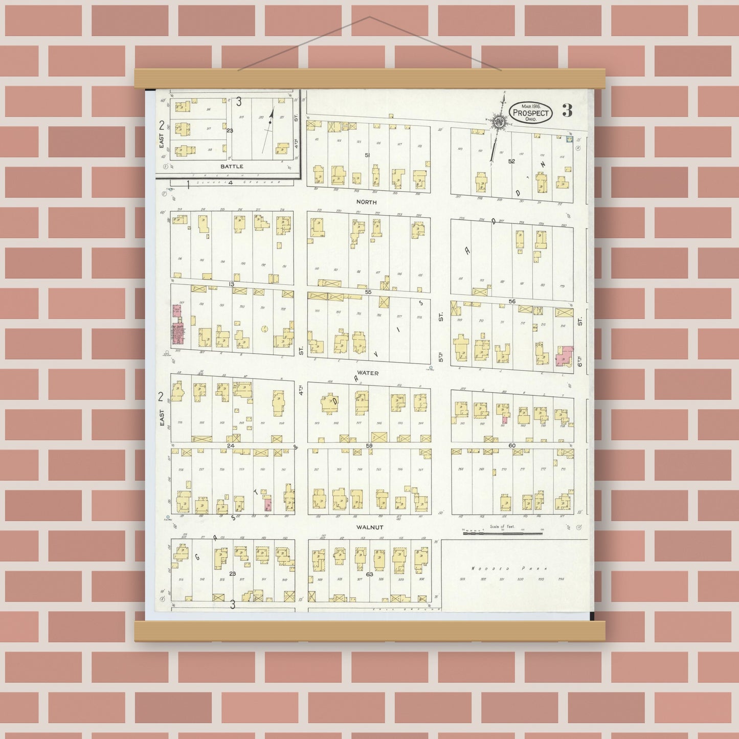 Old map wall art mockup — magnetic wood frame on brick wall — Sanborn Fire Insurance Map from Prospect, Marion County, Ohio (1916), Sheet #0003