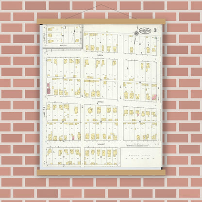 Old map wall art mockup — magnetic wood frame on brick wall — Sanborn Fire Insurance Map from Prospect, Marion County, Ohio (1916), Sheet #0003