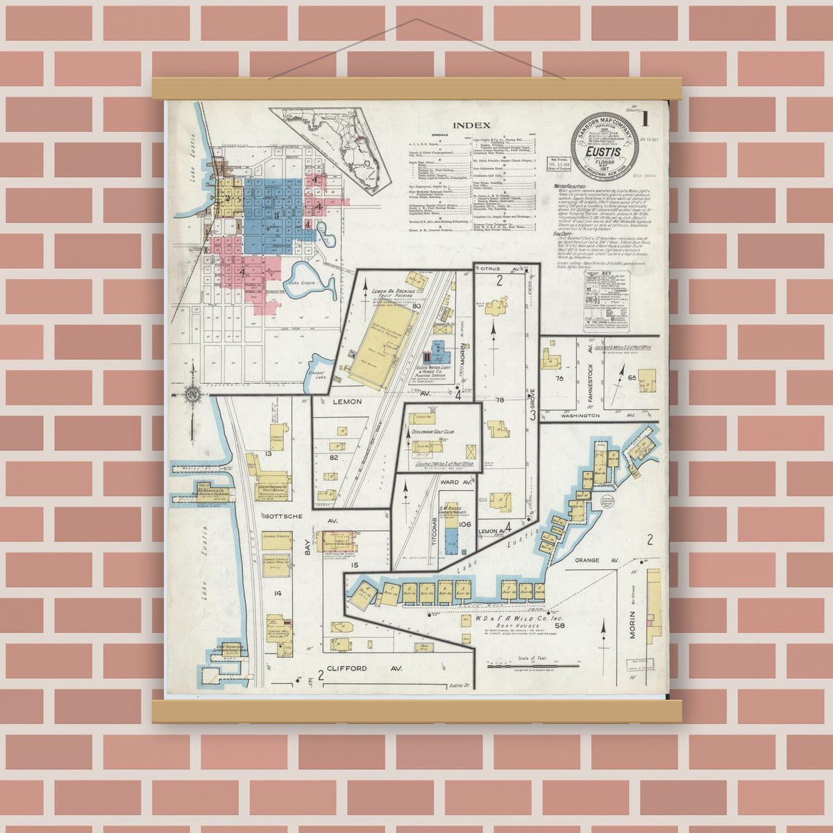 Old map wall art mockup — magnetic wood frame on brick wall — Sanborn Fire Insurance Map from Eustis, Lake County, Florida (1917) - Complete Map Set