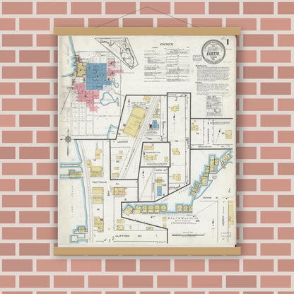Old map wall art mockup — magnetic wood frame on brick wall — Sanborn Fire Insurance Map from Eustis, Lake County, Florida (1917) - Complete Map Set
