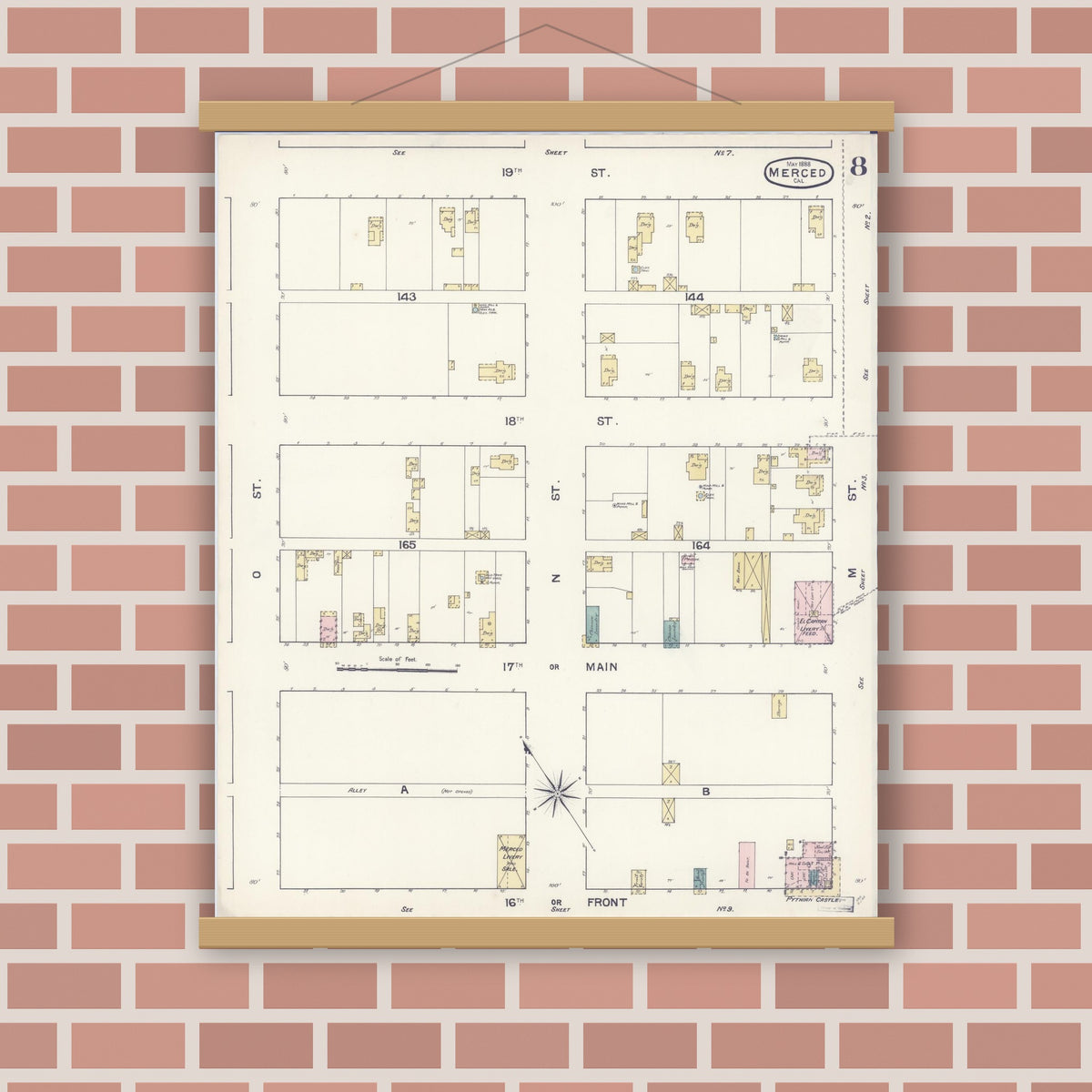 Old map wall art mockup — magnetic wood frame on brick wall — Sanborn Fire Insurance Map from Merced, Merced County, California (1888), Sheet #0008
