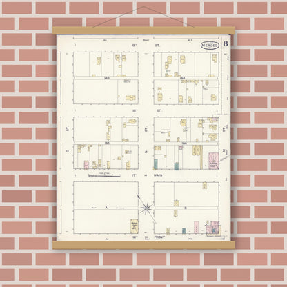 Old map wall art mockup — magnetic wood frame on brick wall — Sanborn Fire Insurance Map from Merced, Merced County, California (1888), Sheet #0008