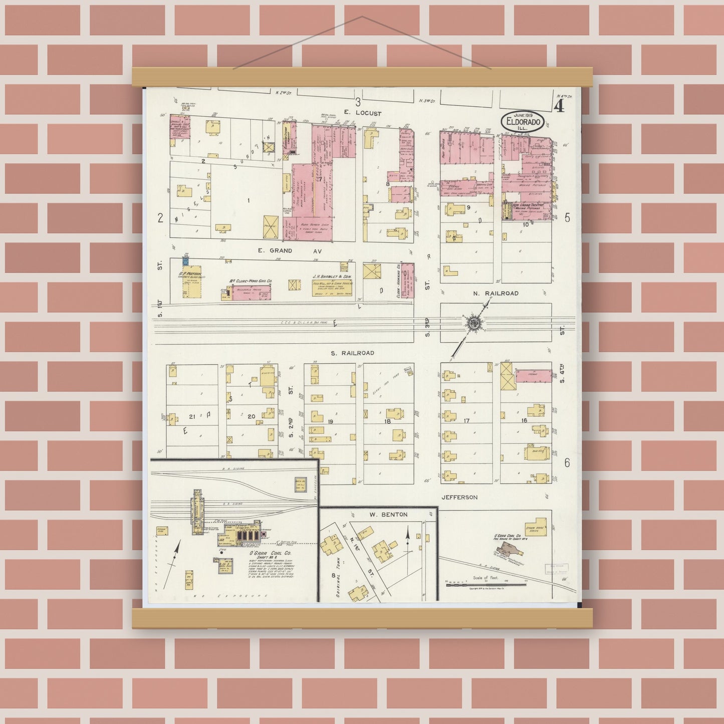Old map wall art mockup — magnetic wood frame on brick wall — Sanborn Fire Insurance Map from Eldorado, Saline County, Illinois (1919), Sheet #0004