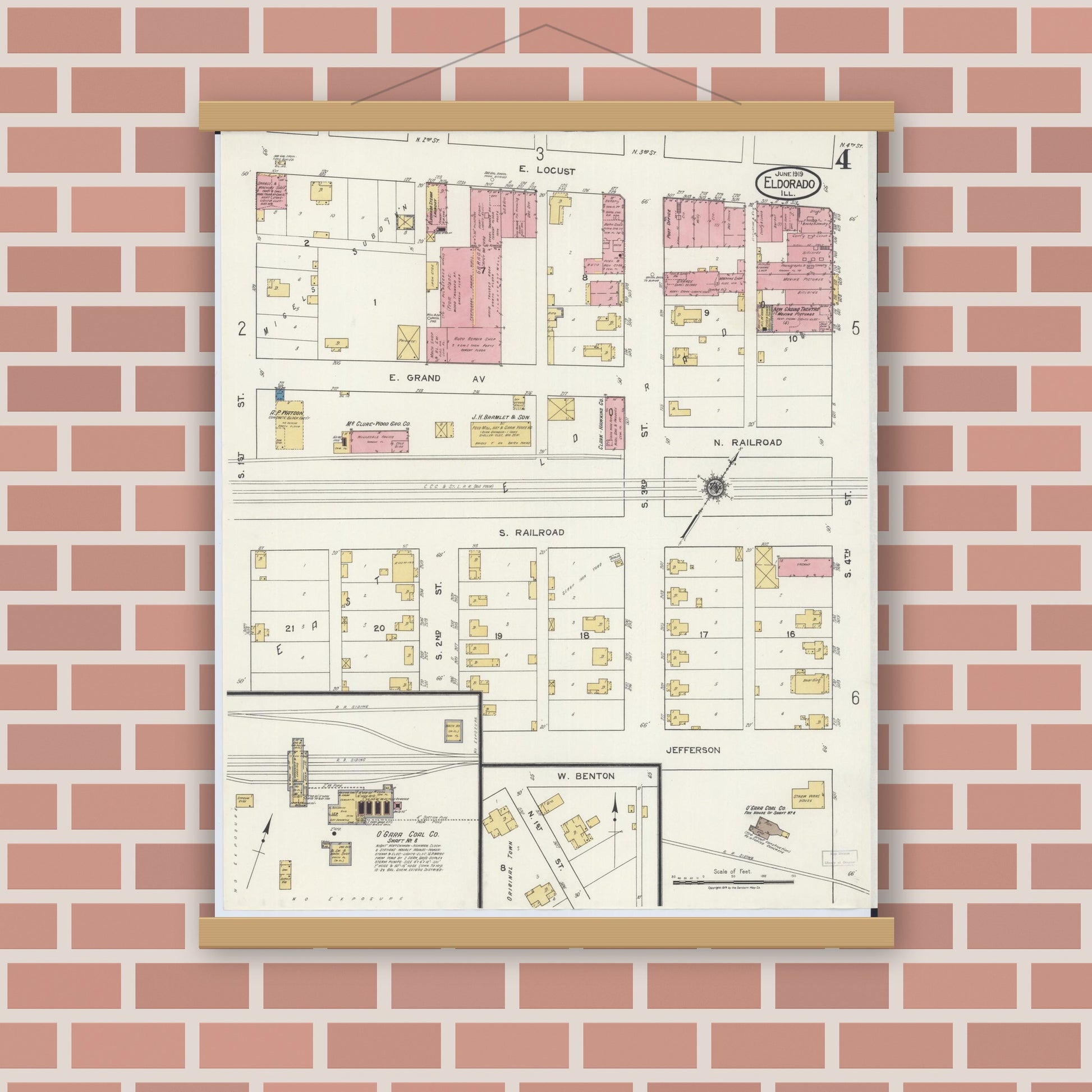 Old map wall art mockup — magnetic wood frame on brick wall — Sanborn Fire Insurance Map from Eldorado, Saline County, Illinois (1919), Sheet #0004