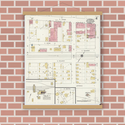 Old map wall art mockup — magnetic wood frame on brick wall — Sanborn Fire Insurance Map from Eldorado, Saline County, Illinois (1919), Sheet #0004