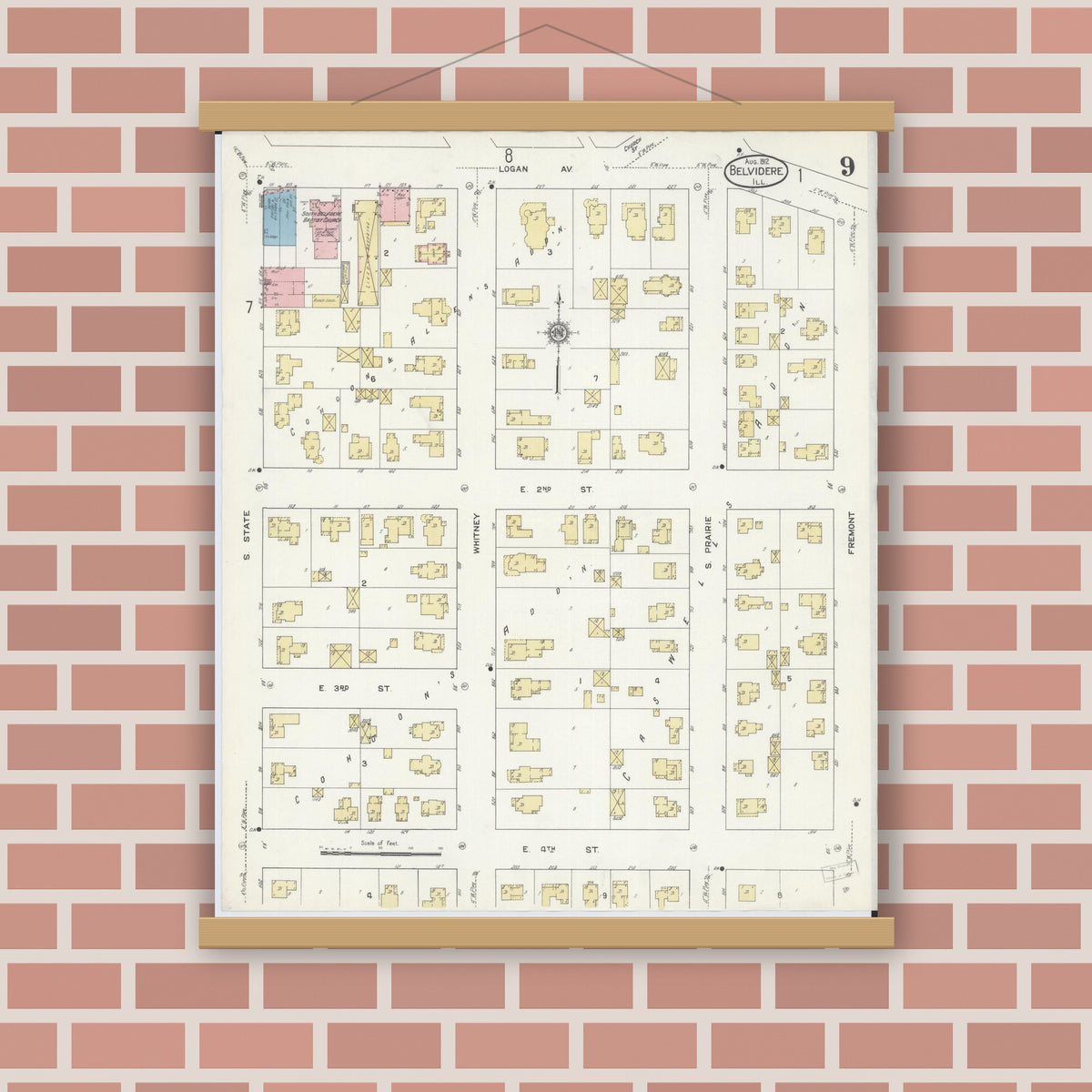 Old map wall art mockup — magnetic wood frame on brick wall — Sanborn Fire Insurance Map from Belvidere, Boone County, Illinois (1912), Sheet #0009