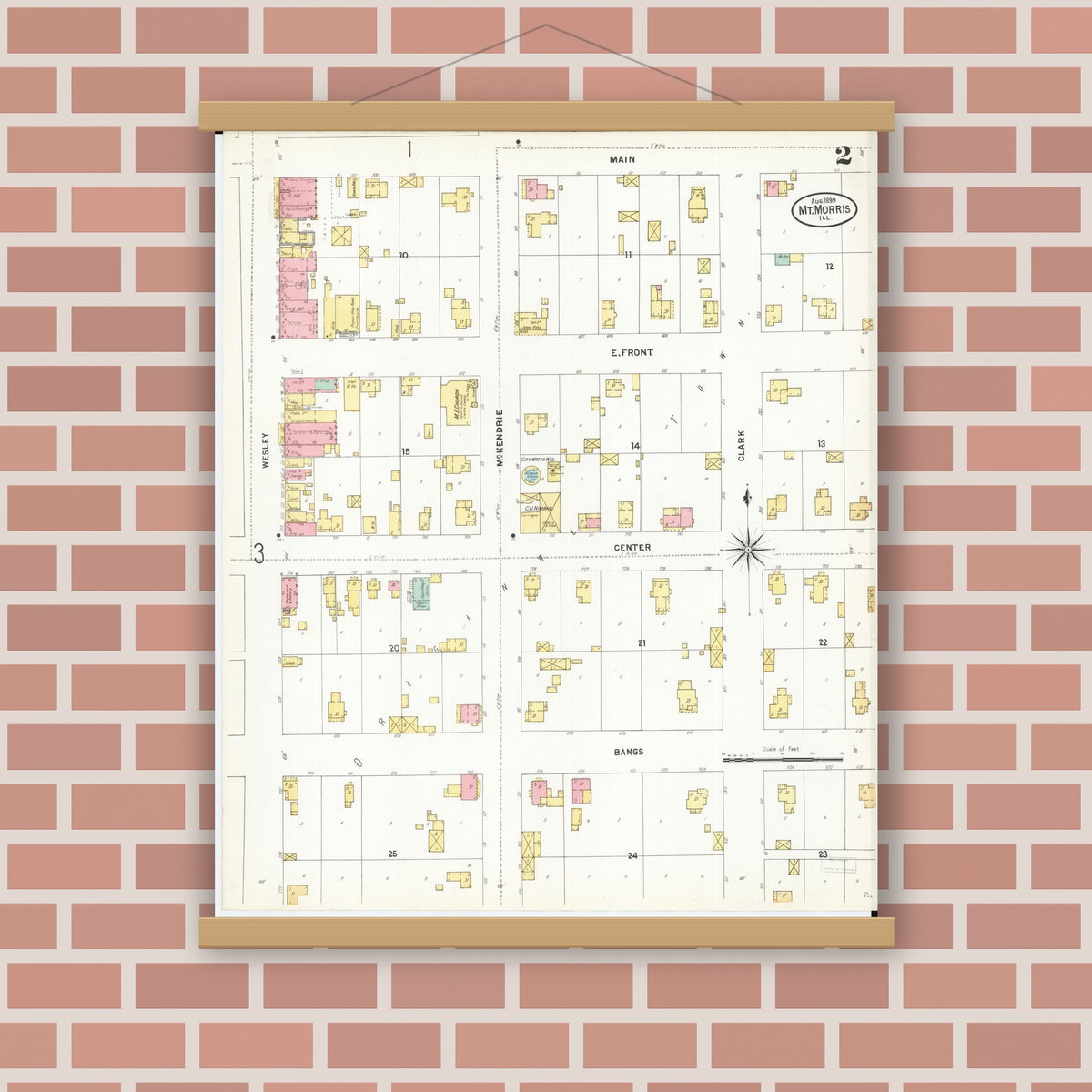 Old map wall art mockup — magnetic wood frame on brick wall — Sanborn Fire Insurance Map from Mount Morris, Ogle County, Illinois (1899), Sheet #0002