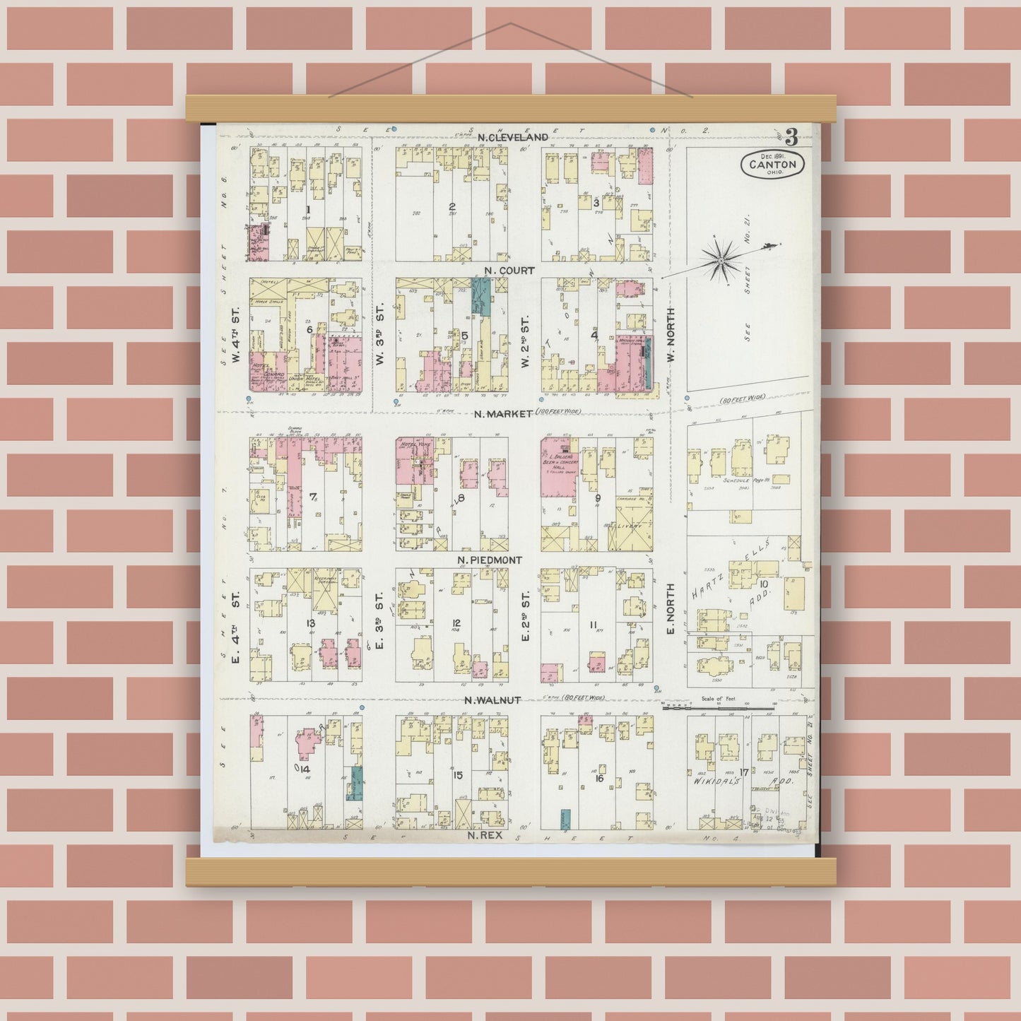 Old map wall art mockup — magnetic wood frame on brick wall — Sanborn Fire Insurance Map from Canton, Stark County, Ohio (1891), Sheet #0003