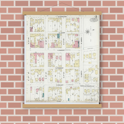 Old map wall art mockup — magnetic wood frame on brick wall — Sanborn Fire Insurance Map from Canton, Stark County, Ohio (1891), Sheet #0003