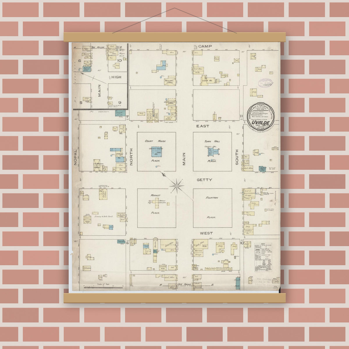Old map wall art mockup — magnetic wood frame on brick wall — Sanborn Fire Insurance Map from Uvalde, Uvalde County, Texas (1885), Sheet #0001