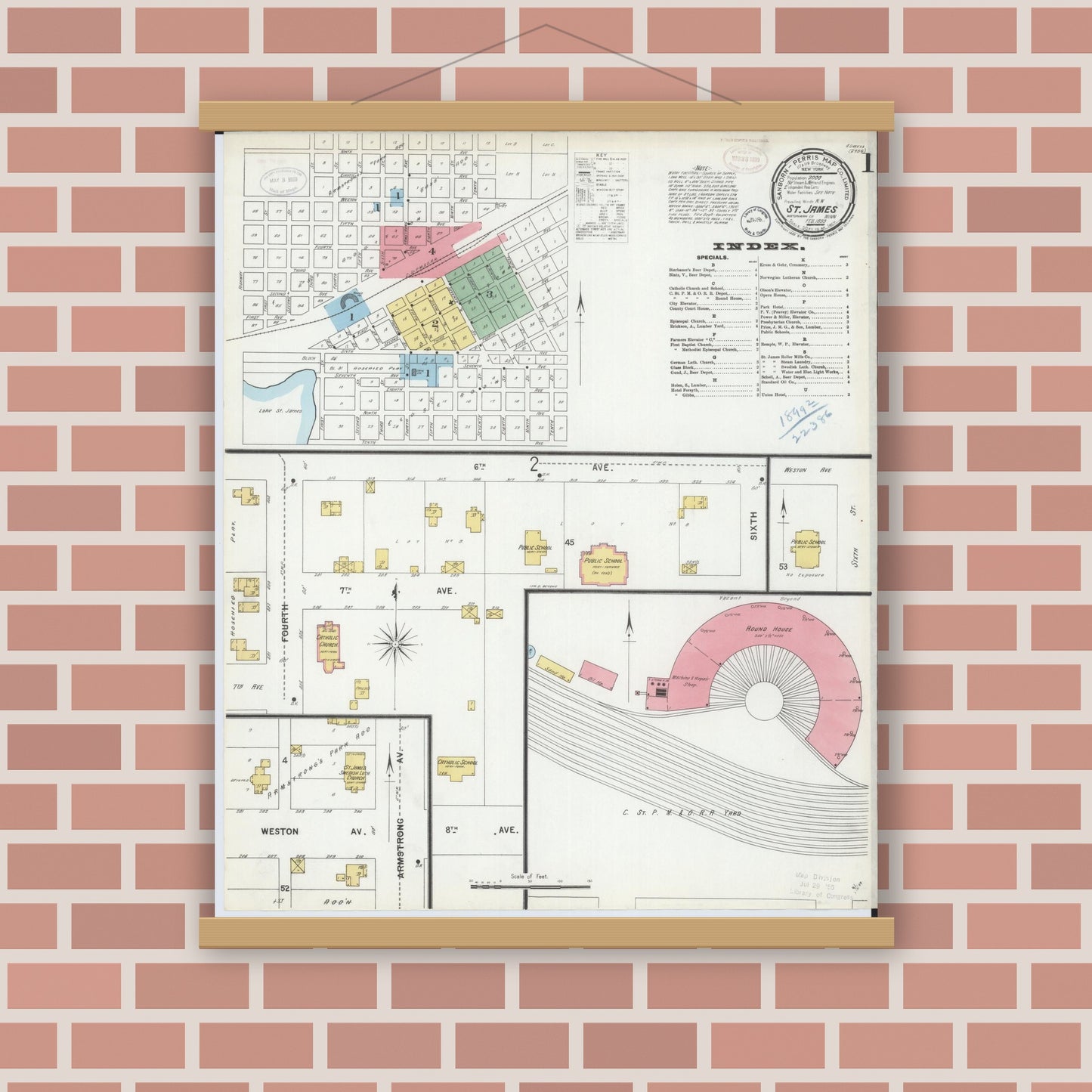 Old map wall art mockup — magnetic wood frame on brick wall — Sanborn Fire Insurance Map from Saint James, Watonwan County, Minnesota (1899) - Complete Map Set