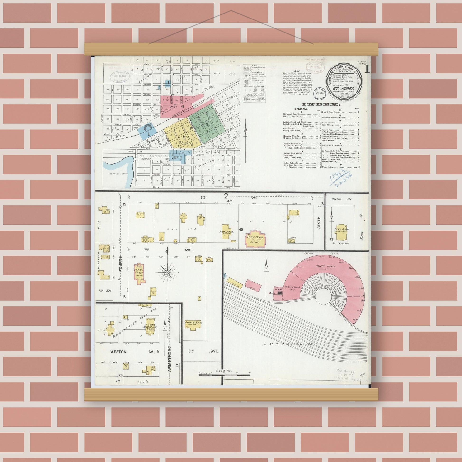 Old map wall art mockup — magnetic wood frame on brick wall — Sanborn Fire Insurance Map from Saint James, Watonwan County, Minnesota (1899) - Complete Map Set