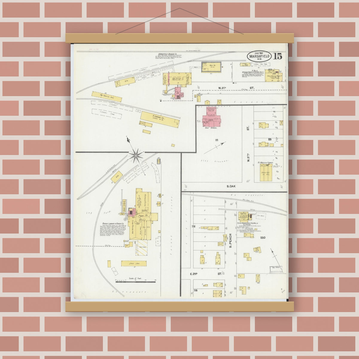 Old map wall art mockup — magnetic wood frame on brick wall — Sanborn Fire Insurance Map from Marshfield, Wood County, Wisconsin (1904), Sheet #0015