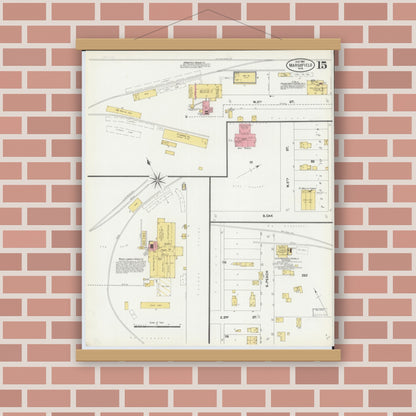 Old map wall art mockup — magnetic wood frame on brick wall — Sanborn Fire Insurance Map from Marshfield, Wood County, Wisconsin (1904), Sheet #0015