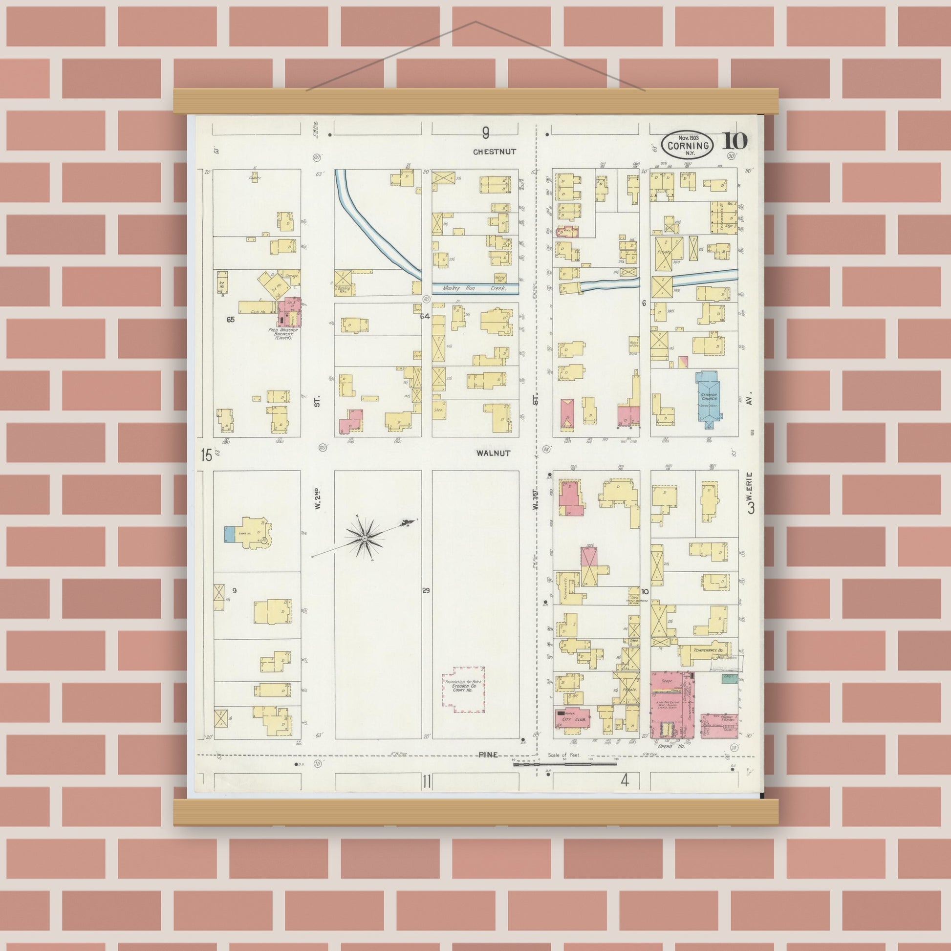 Old map wall art mockup — magnetic wood frame on brick wall — Sanborn Fire Insurance Map from Corning, Steuben County, New York (1903), Sheet #0010